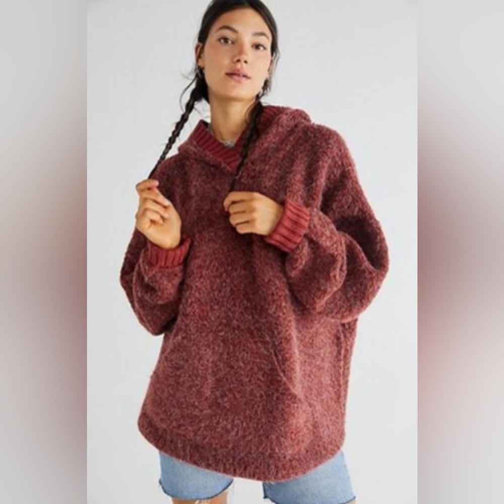 Free People Mila Hoodie Sweater Size Small Cherry Mahogany Oversized Boucle Knit